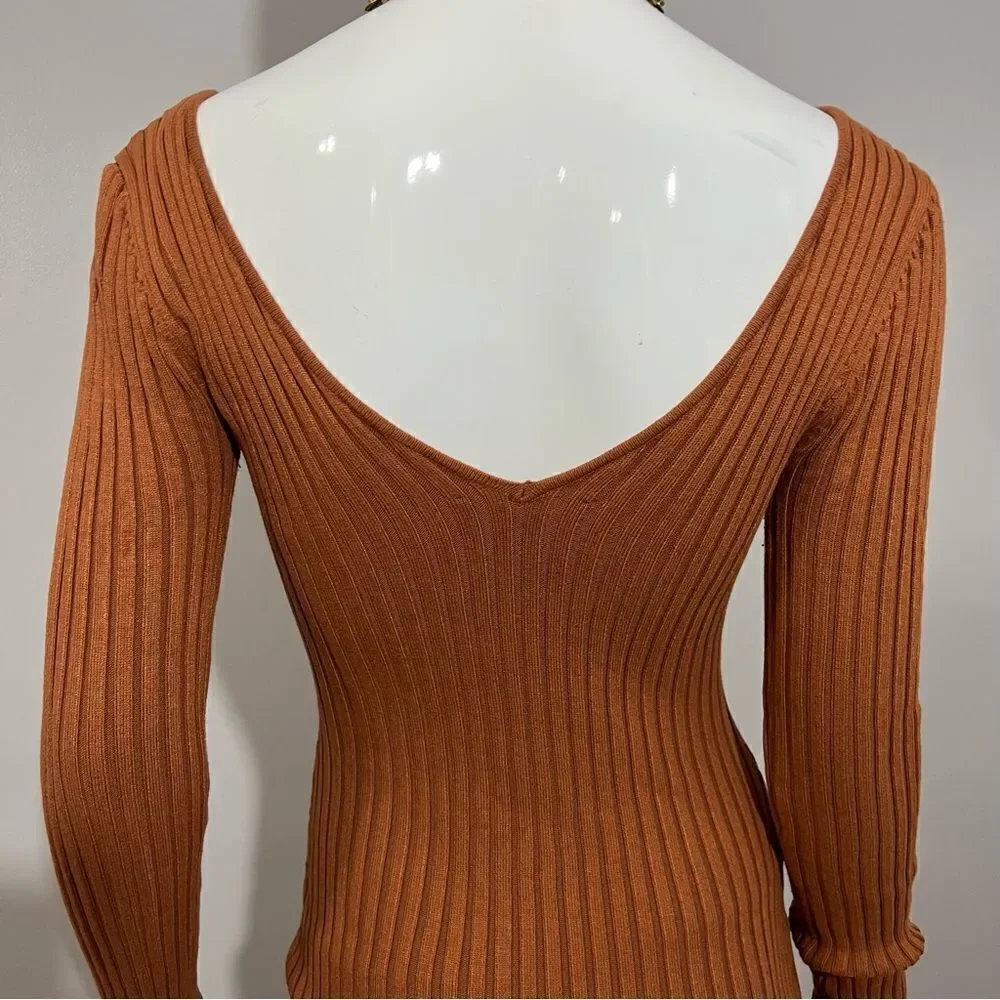 Hera Collection Off The Shoulder Ribbed Rust Midi Bodycon Dress - M - Picture 9 of 12